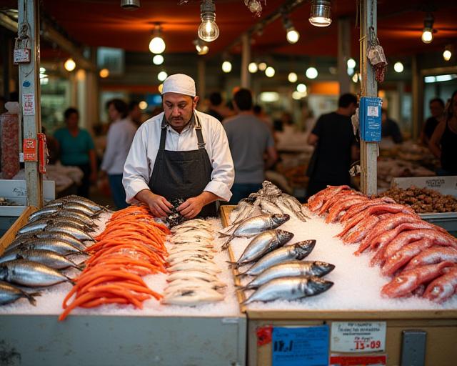 Puesto de venta de Azahar Salado en el Mercado Central de Cádiz, lleno de pescado fresco.