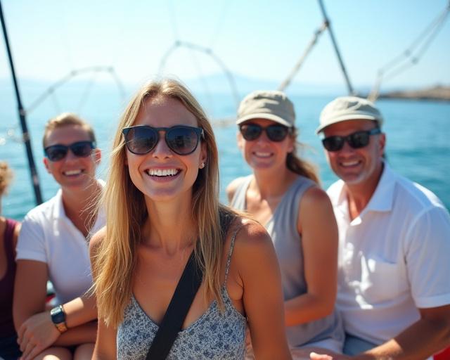 Turistas sonrientes en el barco de Azahar Salado durante una excursión de pesca.