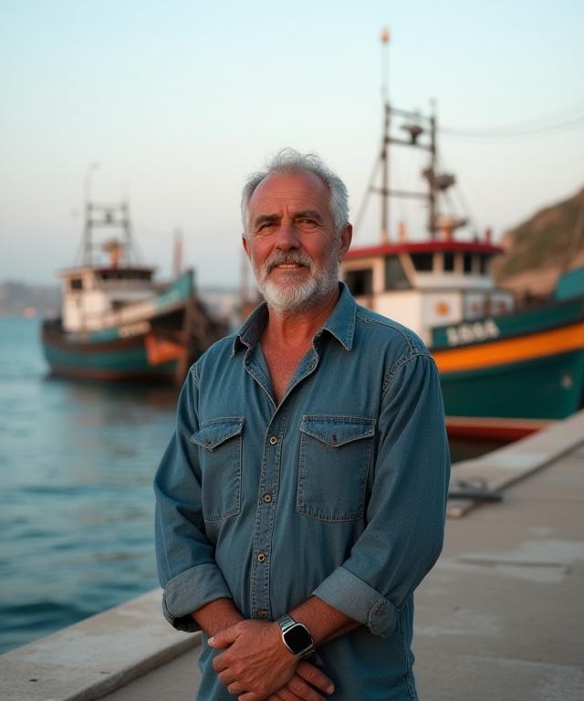 Retrato del fundador de Azahar Salado en el muelle, con los barcos de pesca al fondo.